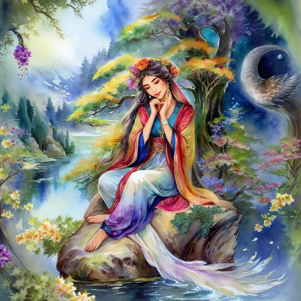 Mystical and spiritual watercolor painting of a beautiful Iranian woman sitting on a rock on a beautiful and peaceful pond in a dense forest with cypress trees, plane trees, grapevines, winding bonsai trees, and a whirlwind of colorful flowers and beautiful.