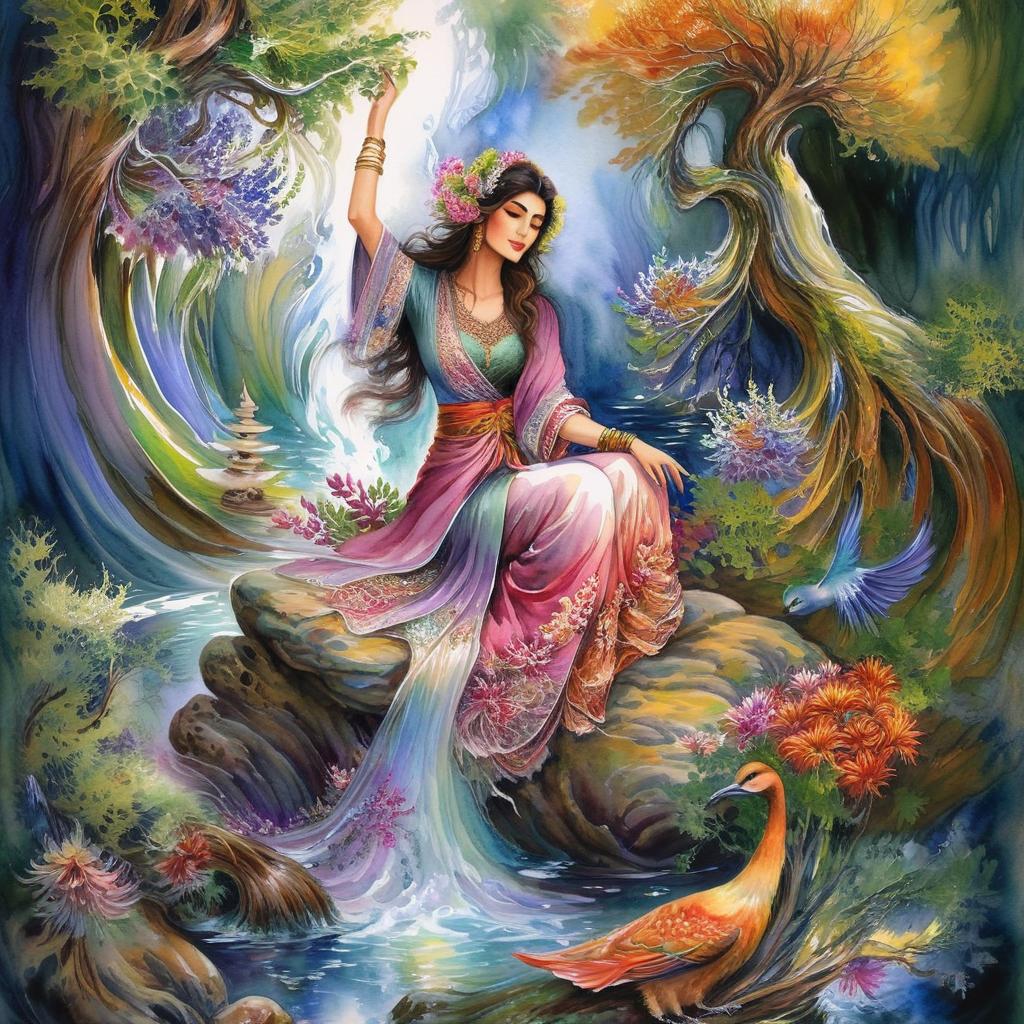 Mystical and spiritual watercolor painting of a beautiful Iranian woman sitting on a rock on a beautiful and peaceful pond in a dense forest with cypress trees, plane trees, grapevines, winding bonsai trees, and a whirlwind of colorful flowers and beautiful.