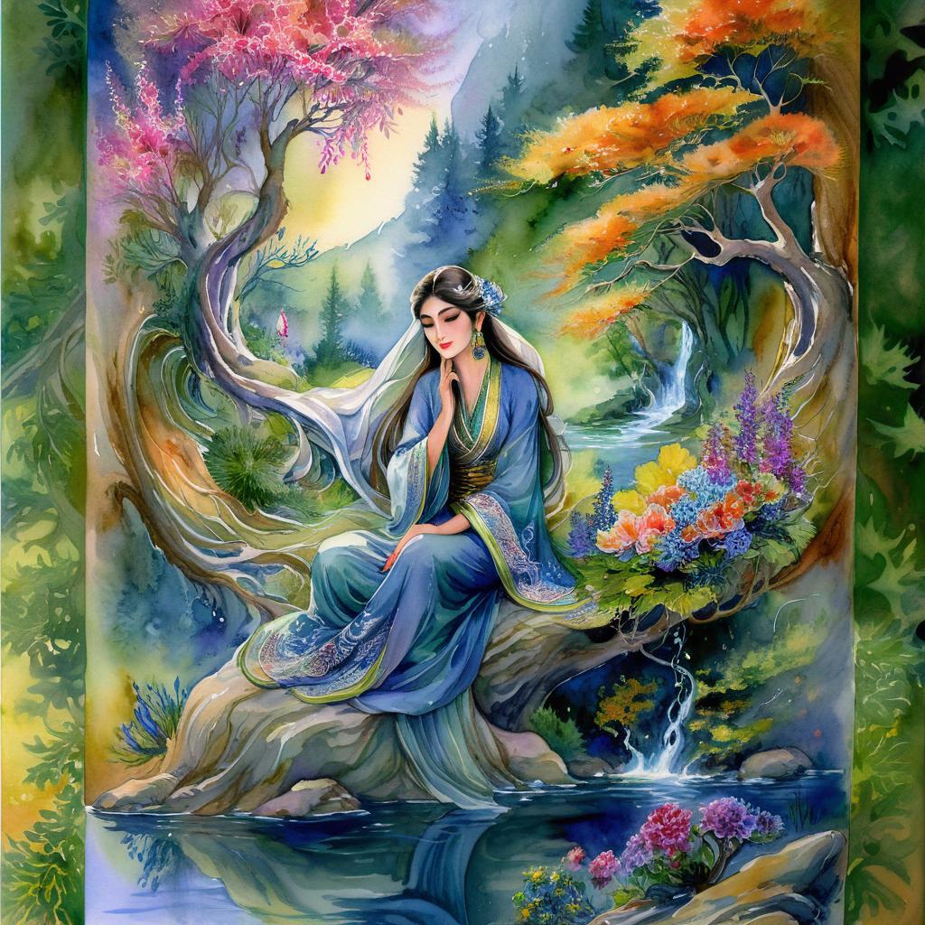 Mystical and spiritual watercolor painting of a beautiful Iranian woman sitting on a rock on a beautiful and peaceful pond in a dense forest with cypress trees, plane trees, grapevines, winding bonsai trees, and a whirlwind of colorful flowers and beautiful.