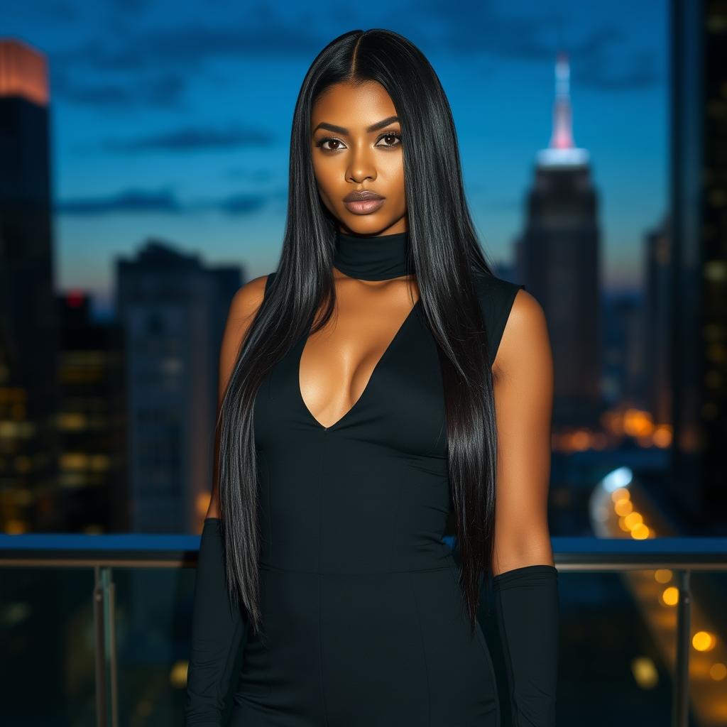 A person wearing a sleek, stylish outfit, entirely black in color, standing confidently