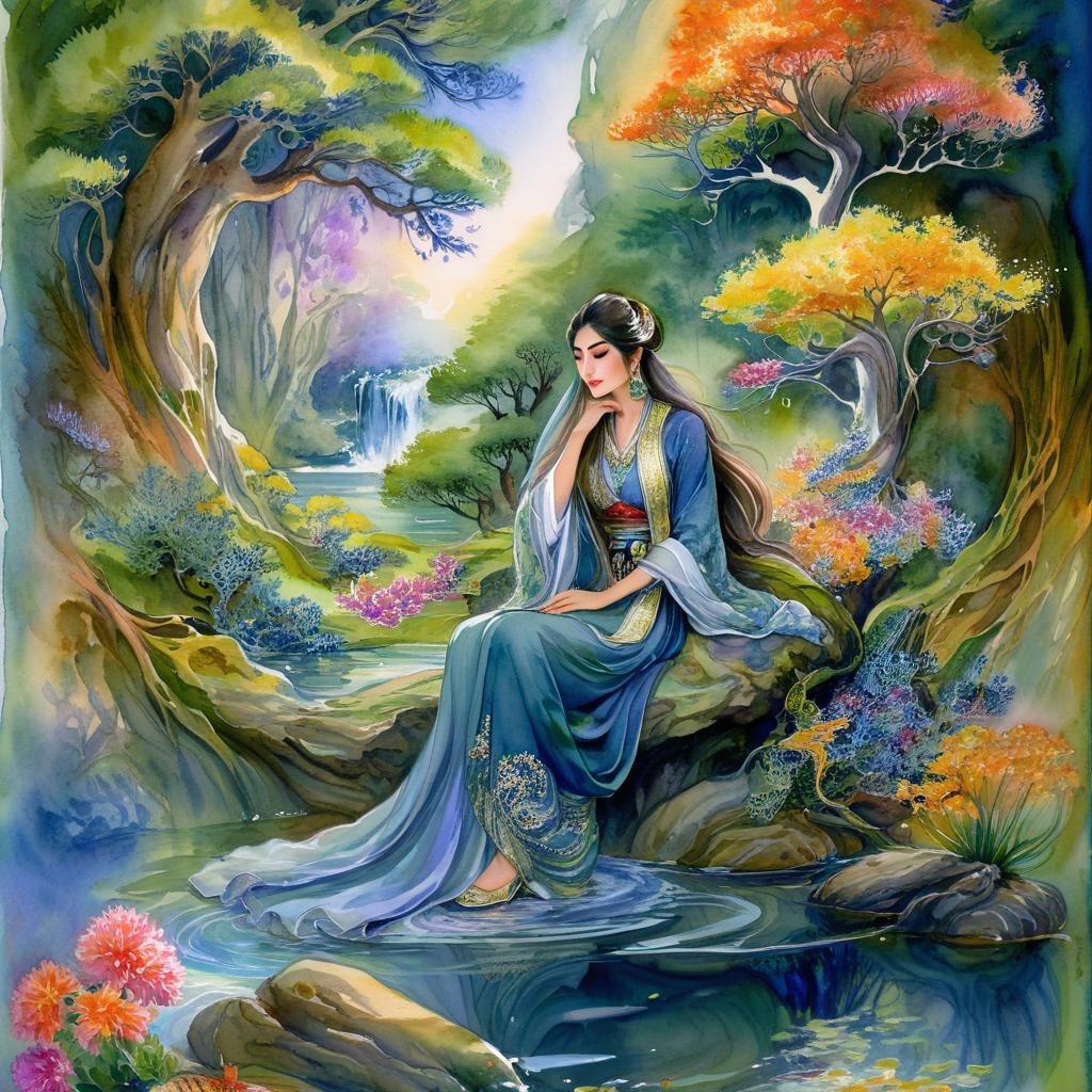 Mystical and spiritual watercolor painting of a beautiful Iranian woman sitting on a rock on a beautiful and peaceful pond in a dense forest with cypress trees, plane trees, grapevines, winding bonsai trees, and a whirlwind of colorful flowers and beautiful.