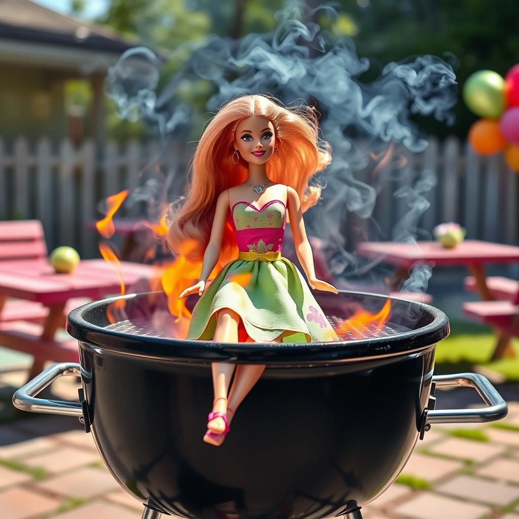 A whimsical and surreal image of a classic Barbie doll placed on a barbecue grill with flames around her, giving a playful take on the idea of a summer cookout