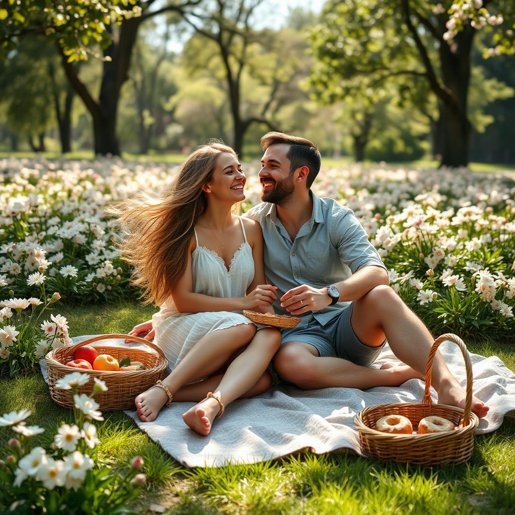 A romantic scene depicting a couple enjoying a peaceful moment together, sitting on a cozy blanket in a lush park filled with blooming flowers