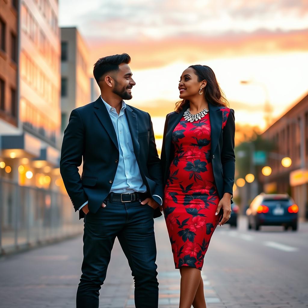 A stylish couple standing together in an urban setting, dressed in complementary outfits