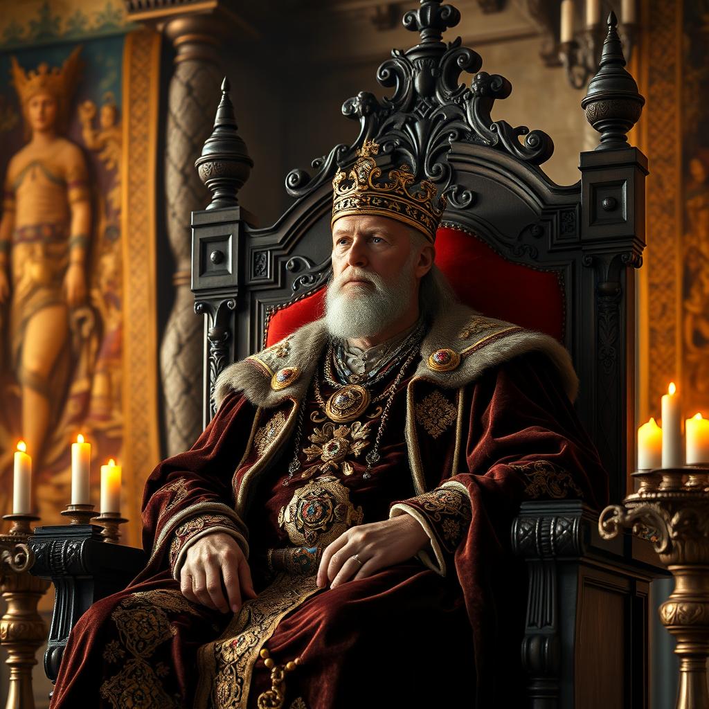 A majestic king sitting on a grand throne in a lavishly decorated castle
