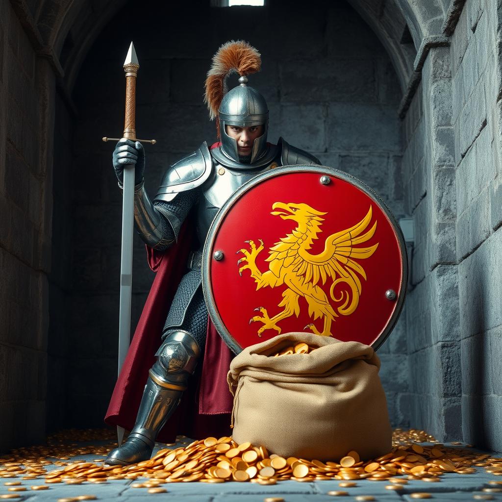 A valiant knight in shining armor, adorned with a long sword and a big round red shield emblazoned with a fierce yellow griffon, stands in a medieval grey stone castle