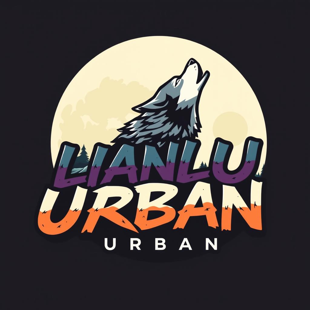 A logo design featuring the text 'LIANLU URBAN' elegantly integrated with a wolf howling at the moon