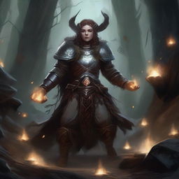 Within the embracing darkness of a cavern, a female dwarf druid clad in sturdy heavy armor is encircled by an enchanting dance of floating wooden splinters and rocks, testifying her profound kinship to natural elements.