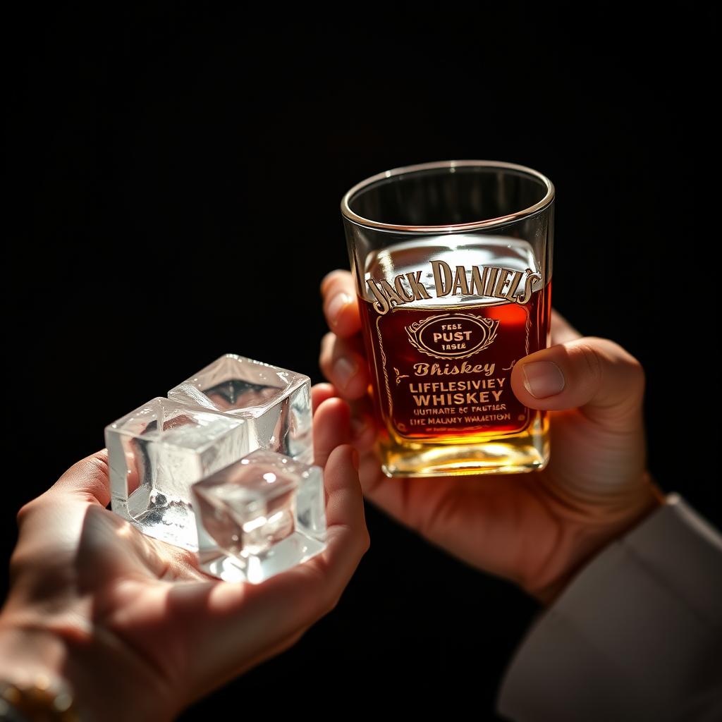 A close-up shot of an elegant hand holding a glass of Jack Daniel's whiskey in the right hand, the amber liquid glistening under soft light