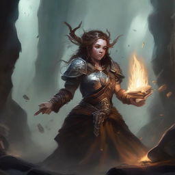 Within the embracing darkness of a cavern, a female dwarf druid clad in sturdy heavy armor is encircled by an enchanting dance of floating wooden splinters and rocks, testifying her profound kinship to natural elements.