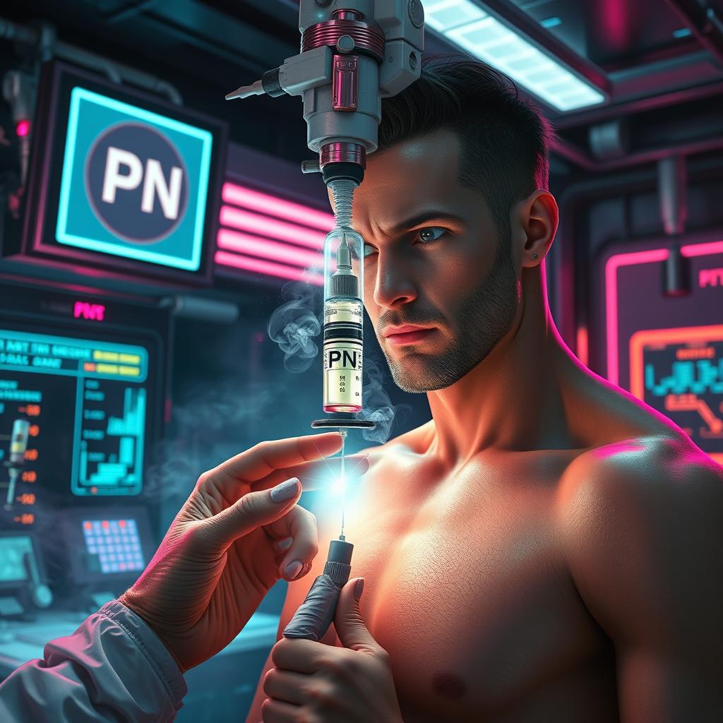 A surreal digital art representation of a character being injected with a mysterious glowing serum labeled "PN" in a futuristic laboratory setting