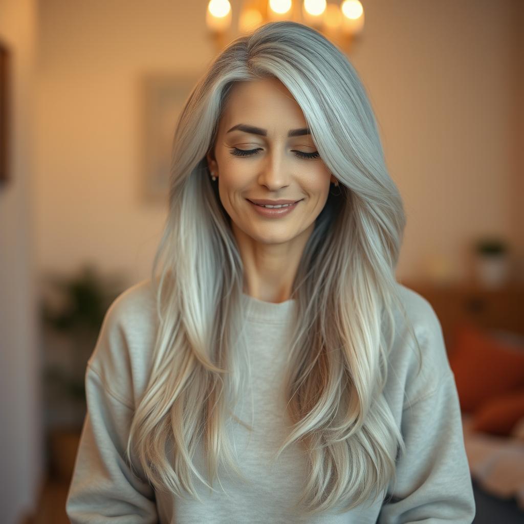 A realistic woman standing calmly indoors, approximately 44 years old, with long silky hair featuring shades of light gray, cream, and white