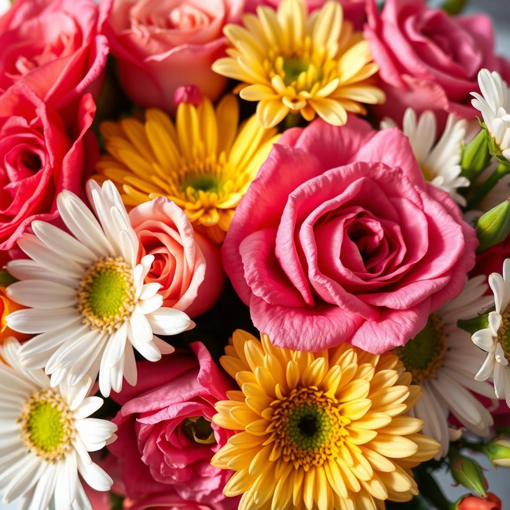 A close-up of a beautifully arranged floral bouquet featuring vibrant, colorful flowers