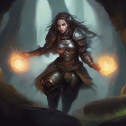 Within the embracing darkness of a cavern, a female dwarf druid clad in sturdy heavy armor is encircled by an enchanting dance of floating wooden splinters and rocks, testifying her profound kinship to natural elements.