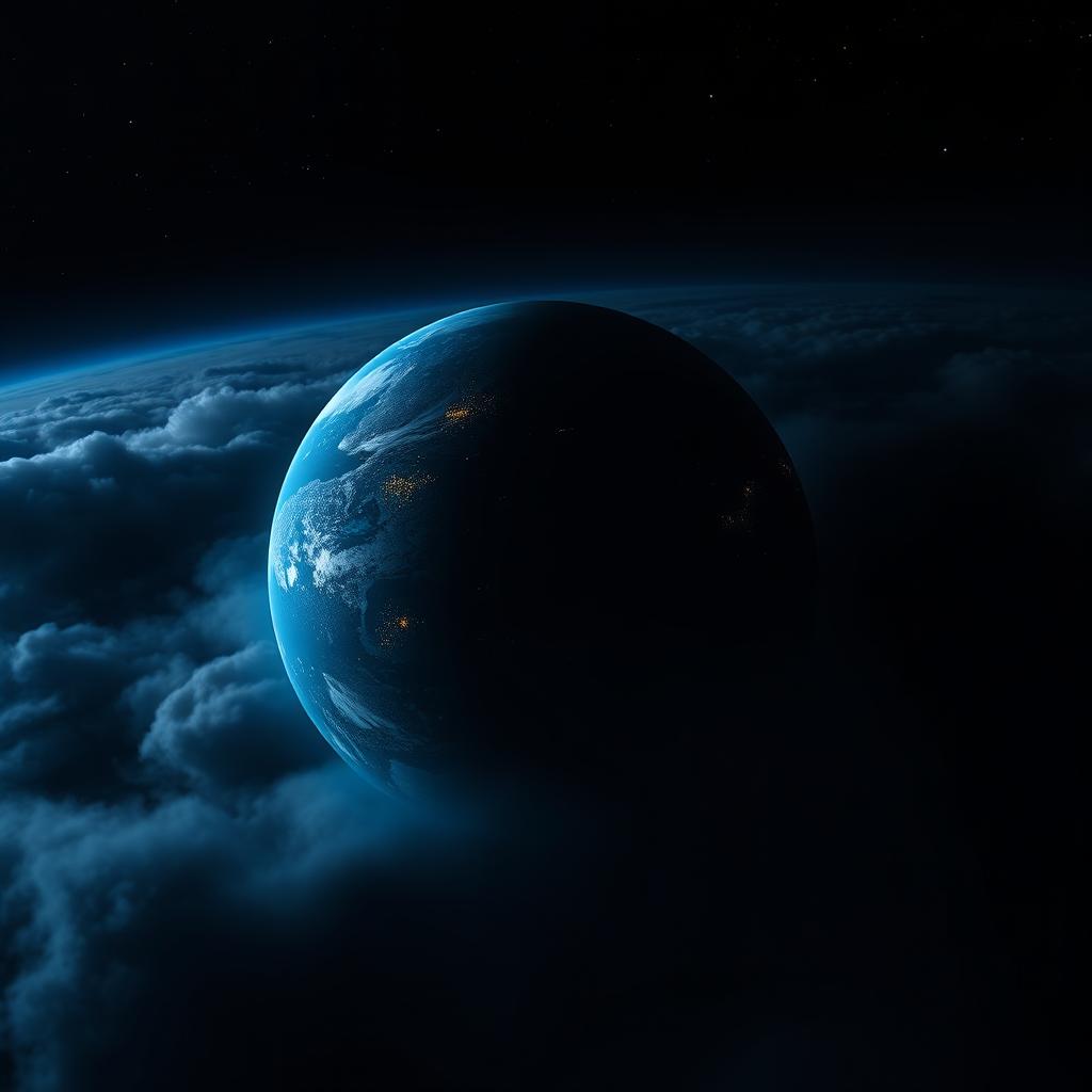 A surreal and atmospheric view of the Earth covered in darkness, with only a few glowing surfaces visible
