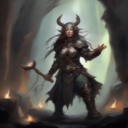 Within the embracing darkness of a cavern, a female dwarf druid clad in sturdy heavy armor is encircled by an enchanting dance of floating wooden splinters and rocks, testifying her profound kinship to natural elements.