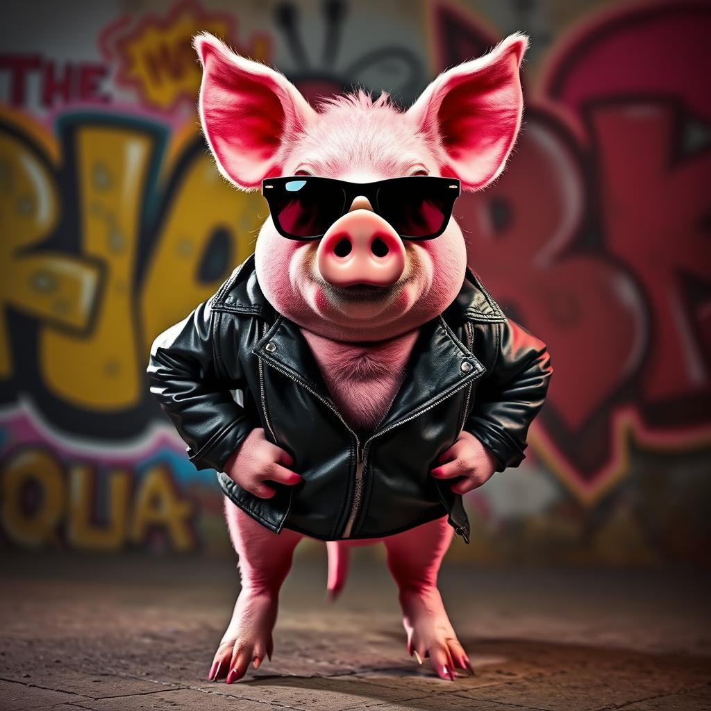 A badass pink pig standing confidently, wearing sunglasses and a leather jacket, exuding a cool and rebellious vibe