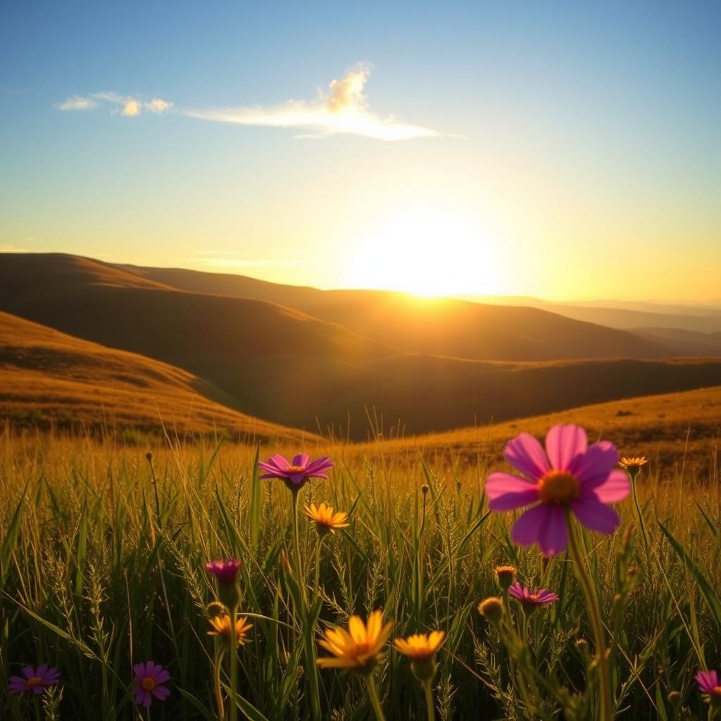 A well-lit and clear photograph taken during the golden hour, showcasing a serene landscape