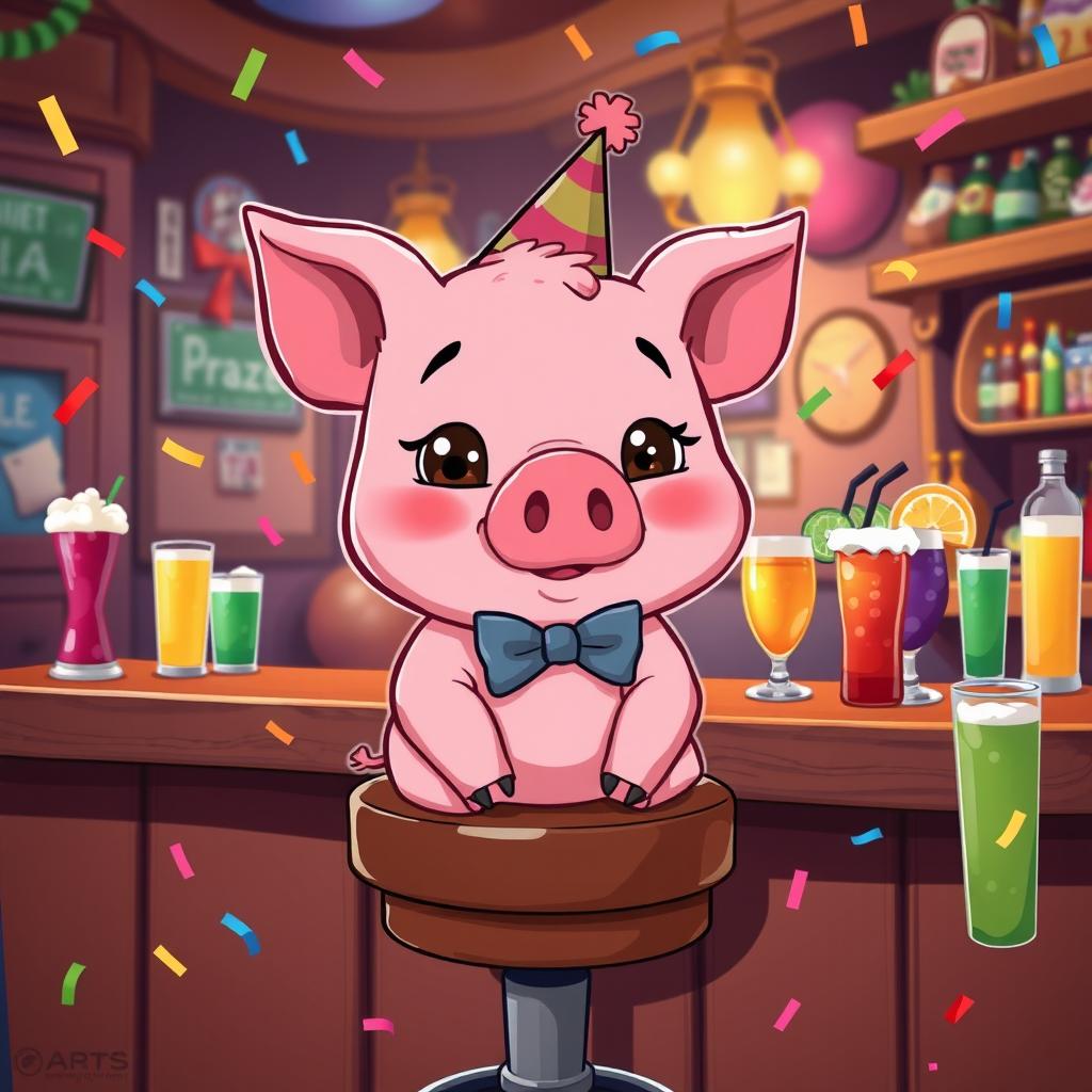 A whimsical scene featuring a cute, cartoon-style pink pig with a slightly tipsy expression, sitting on a barstool