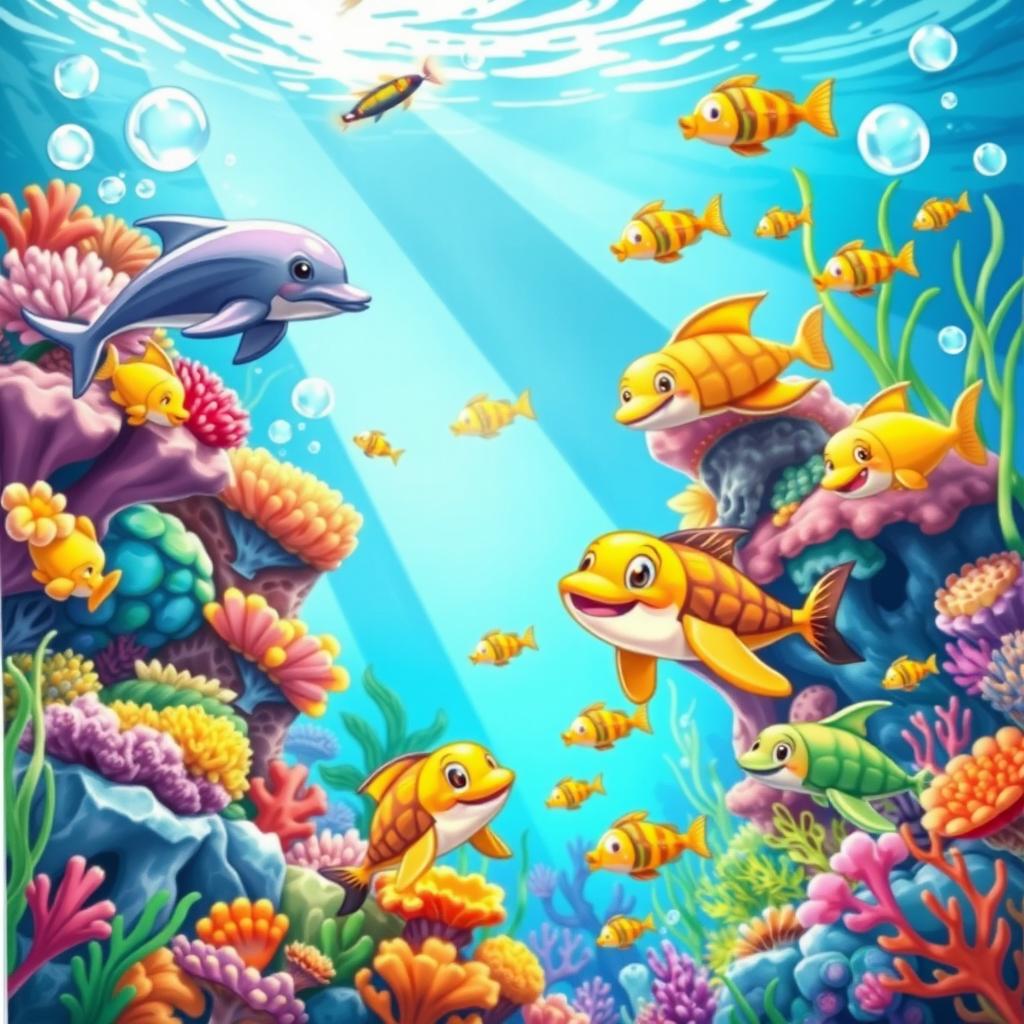 A vibrant animated drawing of a fantastical underwater scene, featuring colorful coral reefs teeming with diverse marine life, including playful dolphins, friendly sea turtles, and schools of shimmering fish