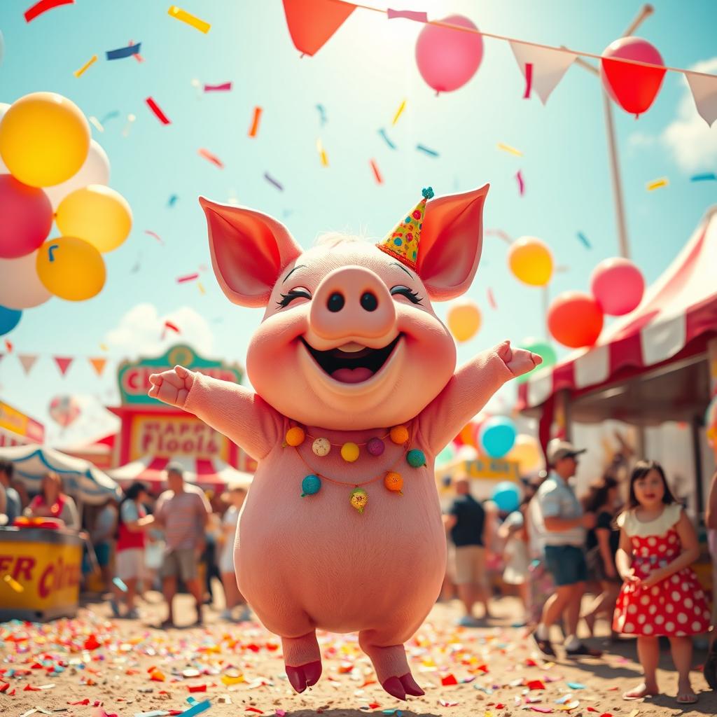 A vibrant and colorful festival scene featuring a cute pink pig adorned with festive decorations