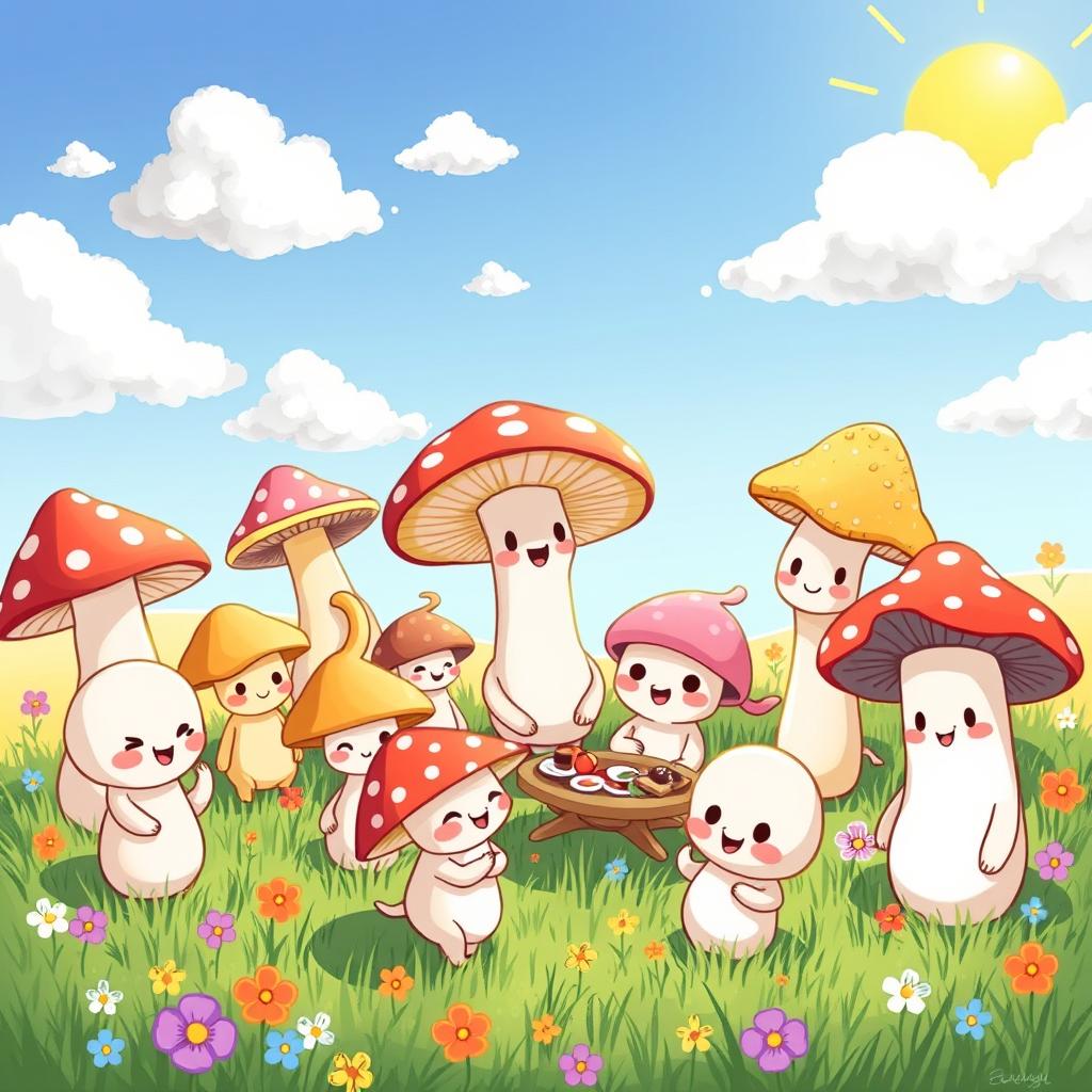A whimsical gathering of anthropomorphic mushrooms, each character exhibiting a cute and simple facial expression