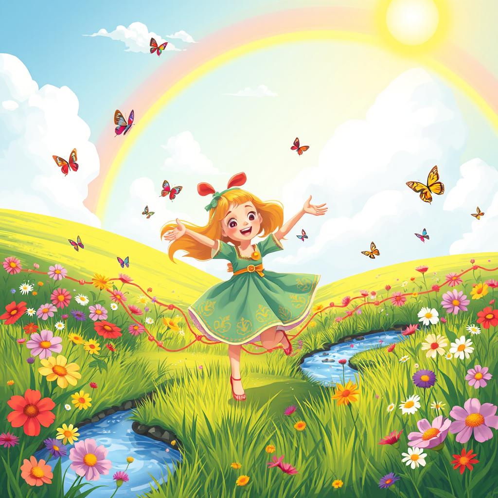 A joyful and whimsical scene depicting a character named Traralelo, who is dancing in a vibrant meadow under a bright, sunny sky
