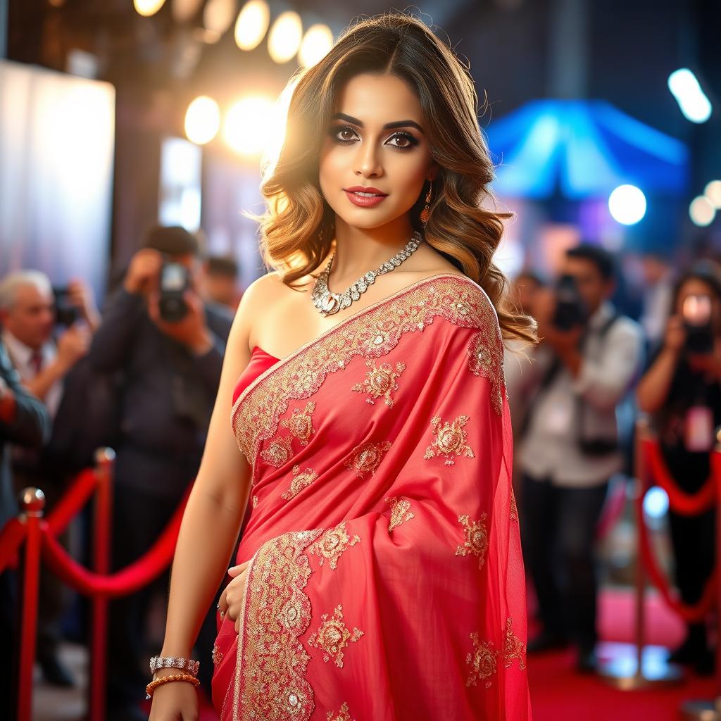 A glamorous Bollywood actress posing elegantly on a red carpet, wearing a stunning traditional saree adorned with intricate embroidery and sparkling sequins