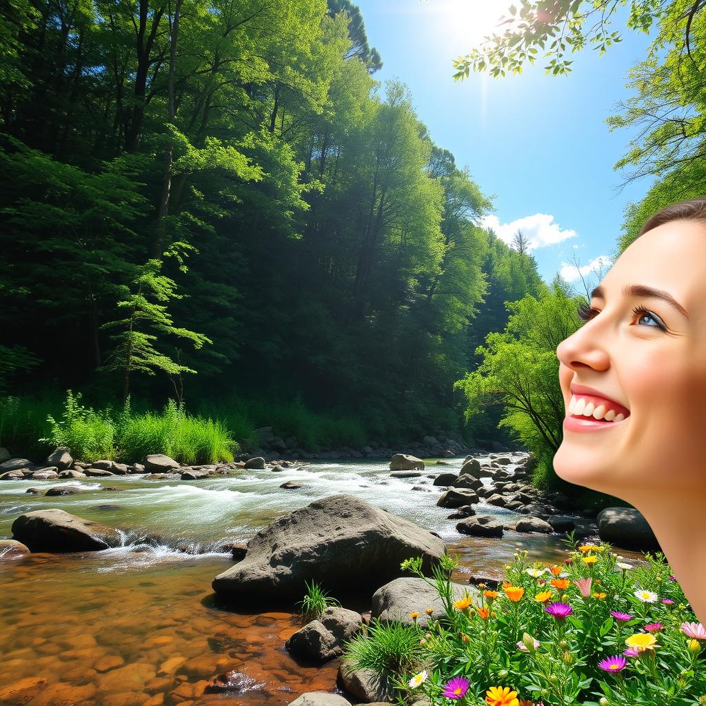 A beautiful and serene outdoor scene featuring a lush green forest with sunlight filtering through the trees, a clear blue sky above, and a gentle stream flowing through the rocks