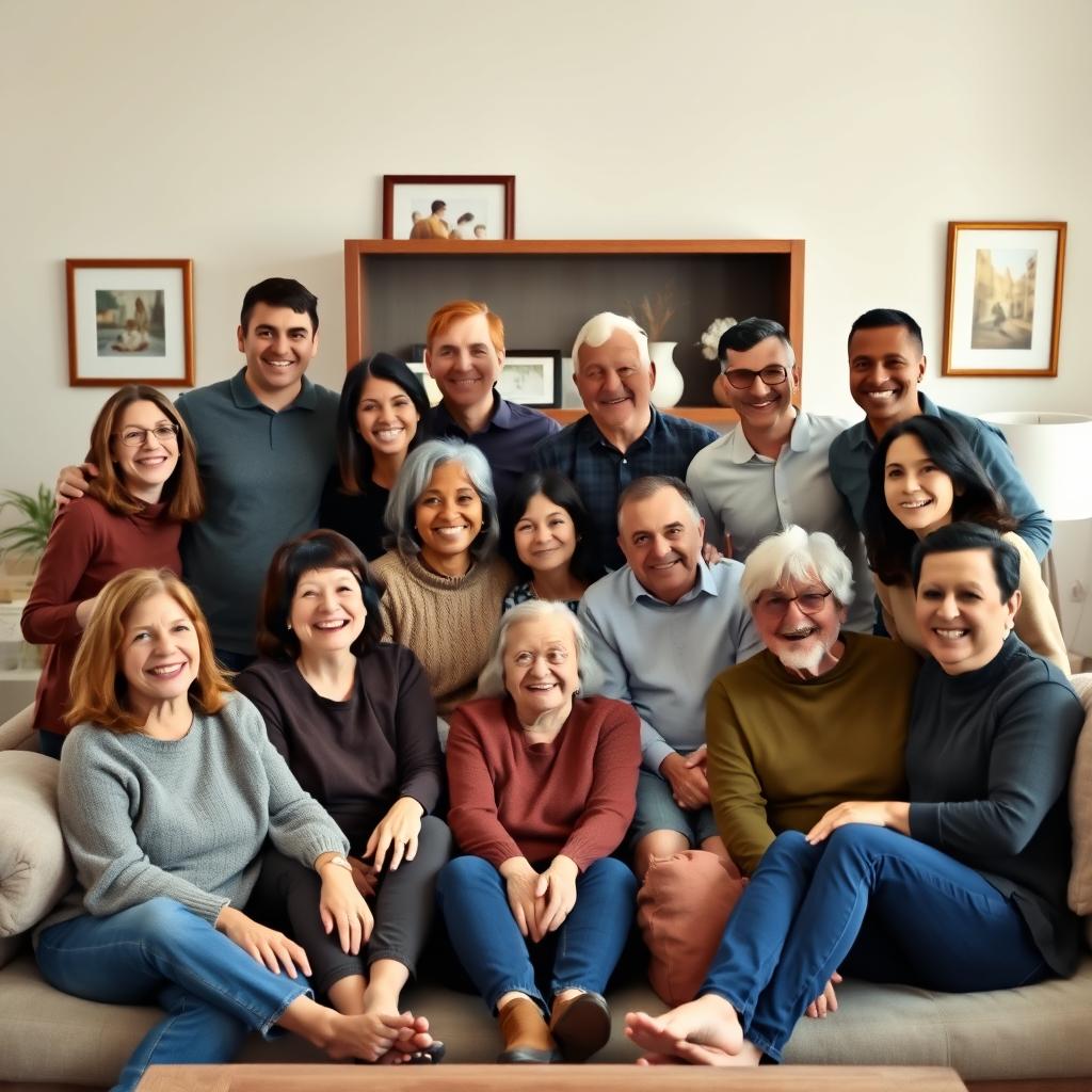 A beautifully composed family portrait featuring a diverse group of smiling family members gathered together in a warm and inviting living room setting, decorated with cozy furnishings and framed pictures on the walls