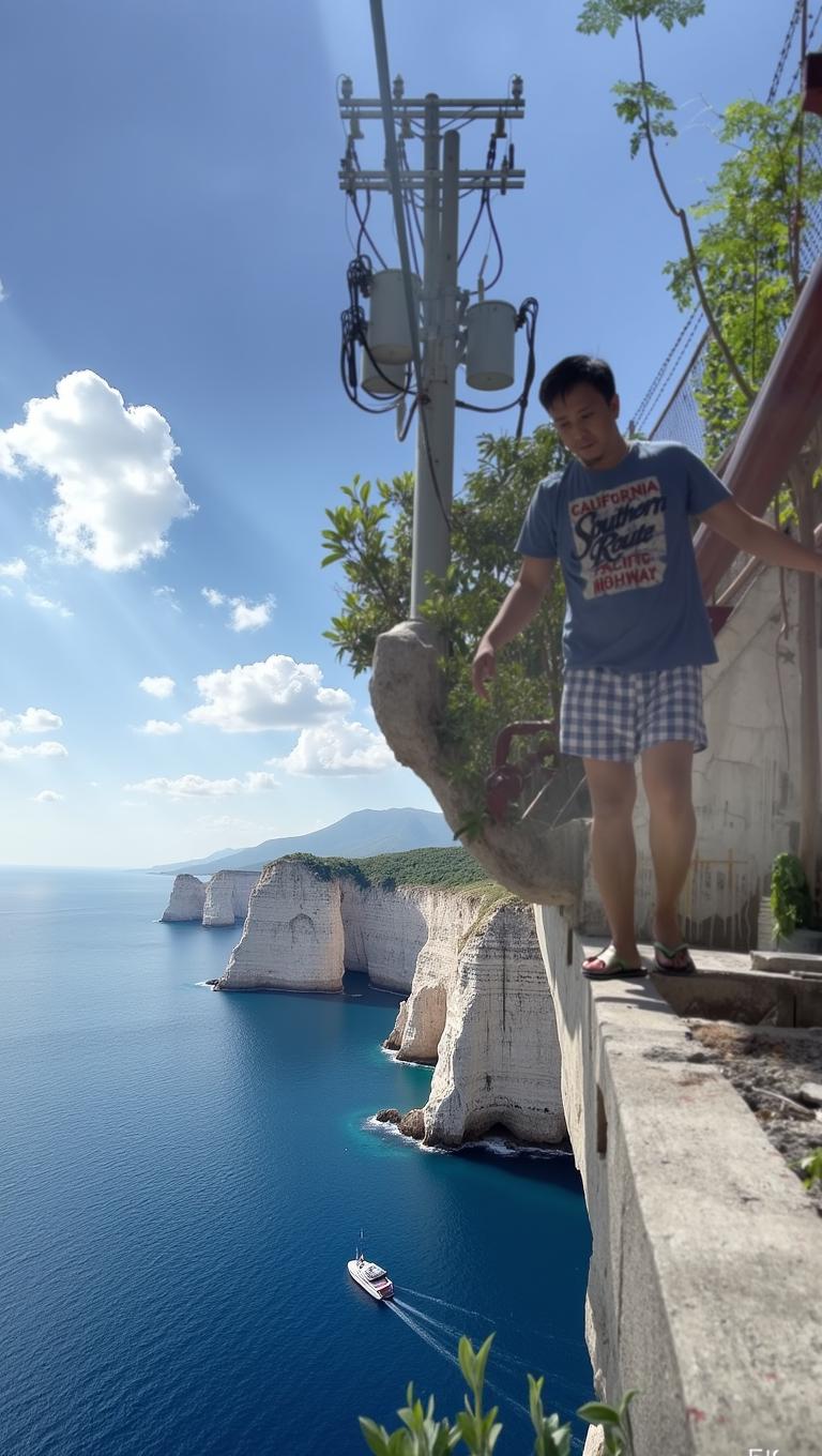 A person balancing on the edge of a cliff with a picturesque landscape in the background