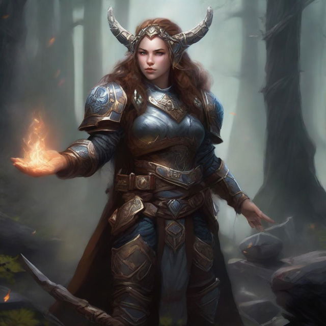 A solemn female dwarf druid dressed in daunting heavy armor, surrounded by the magical spectacle of wooden splinters and rocks floating and circling around her in a mesmerizing display of her natural connection.