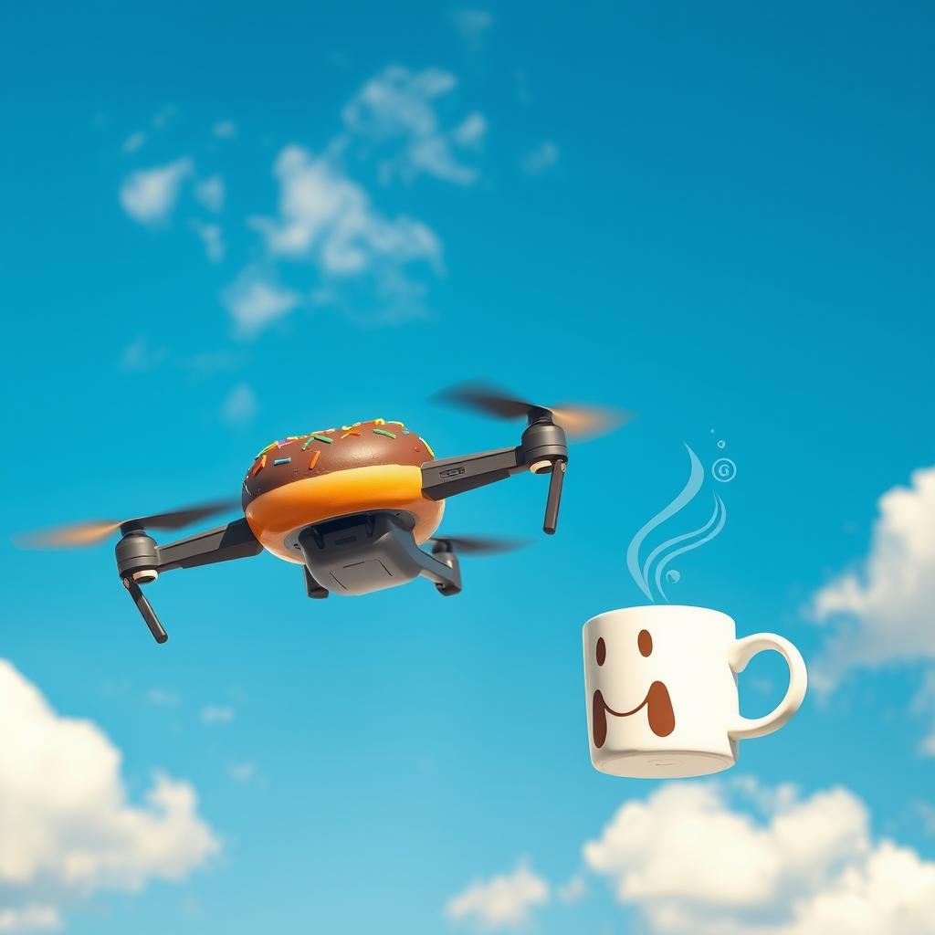 A whimsical scene featuring a flying drone creatively designed to resemble a chocolate donut, complete with colorful sprinkles on top