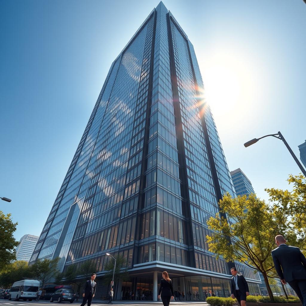 An ultra-realistic architectural rendering of a modern skyscraper, showcasing sleek glass facades and intricate geometric designs
