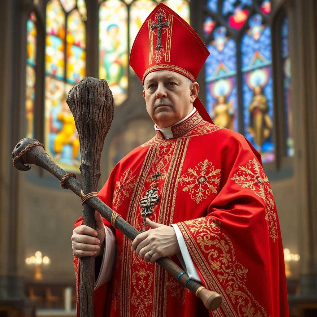 A Catholic cardinal dressed in elaborate red robes with intricate gold detailing, standing confidently holding a large, primitive-looking caveman club
