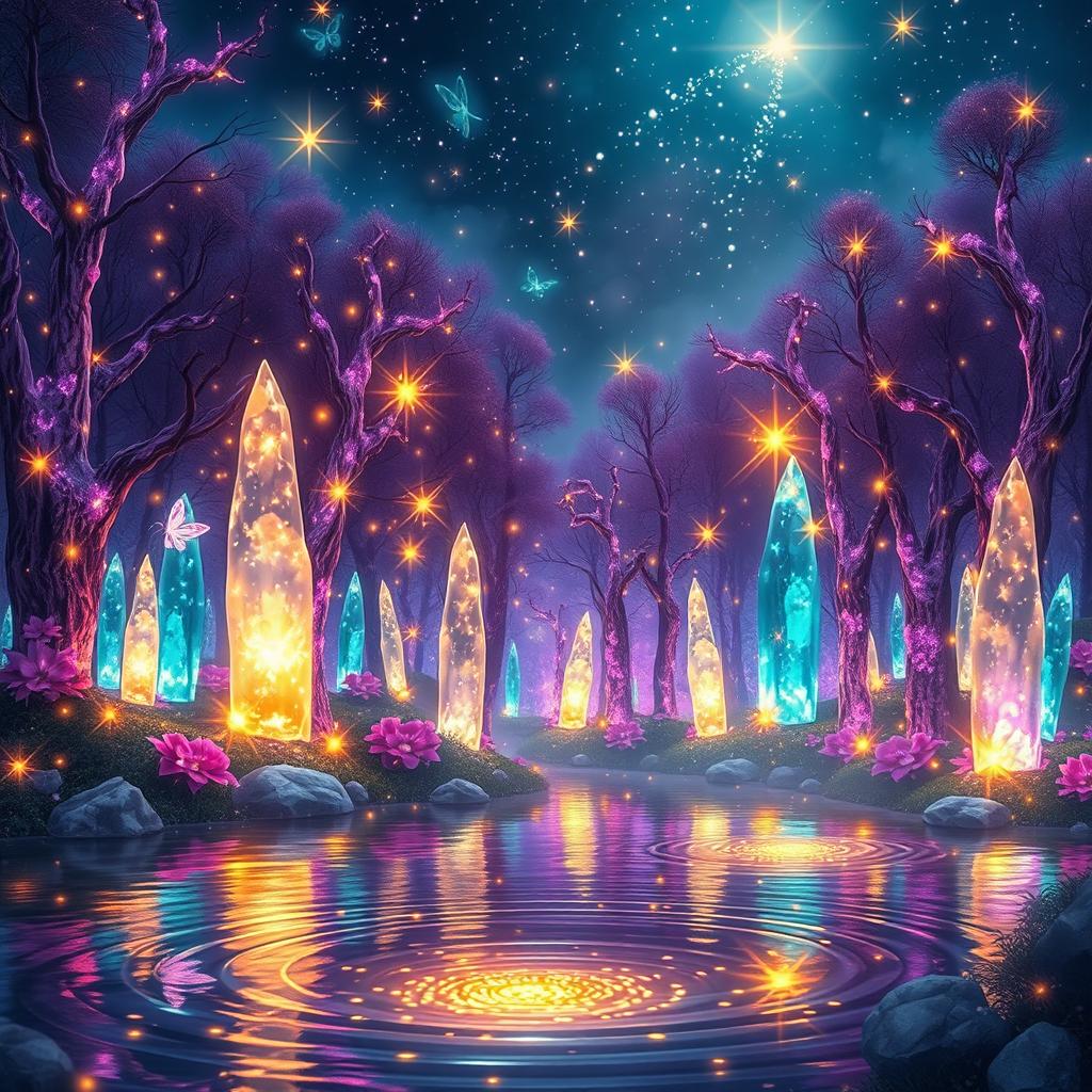 An enchanting, high-quality image of a whimsical magical scene featuring a glowing crystal forest under a starry night sky
