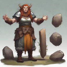 An imposing female dwarf druid, donned in heavy armor, commands wooden splinters and rocks to float and dance around her, creating a visually arresting demonstration of her manipulation of natural elements.