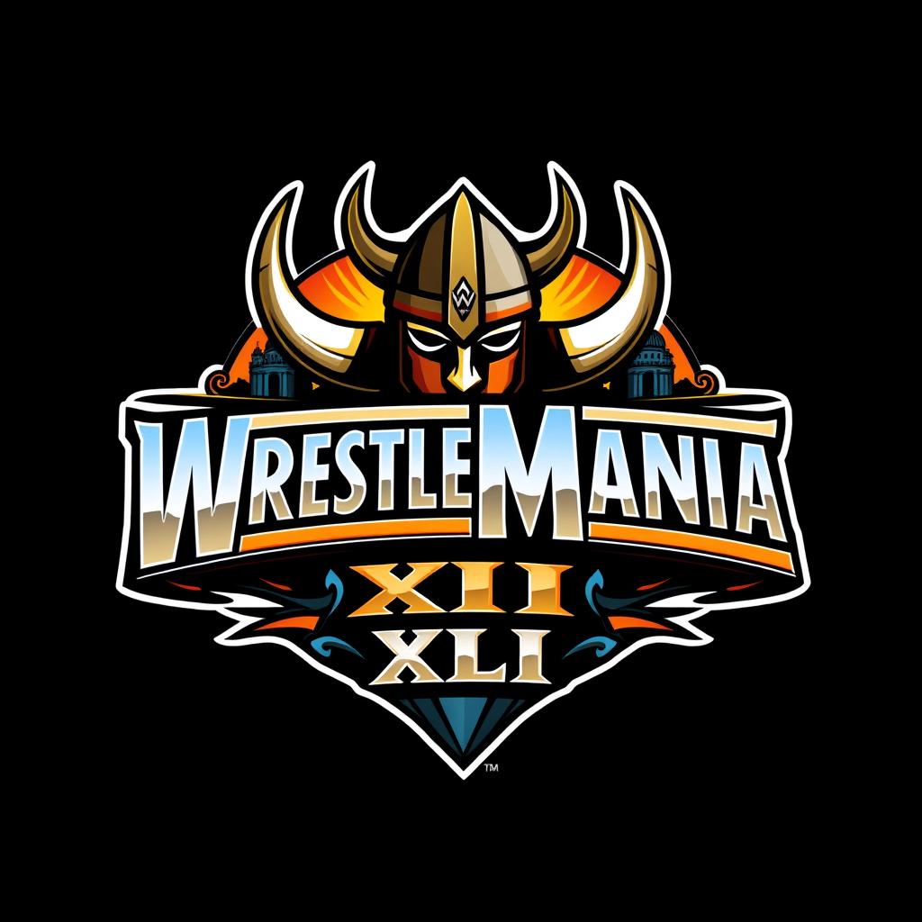 A logo design for WrestleMania XLI featuring a Viking theme, bold and dynamic typography, incorporating elements such as Viking helmets, shields, and runes