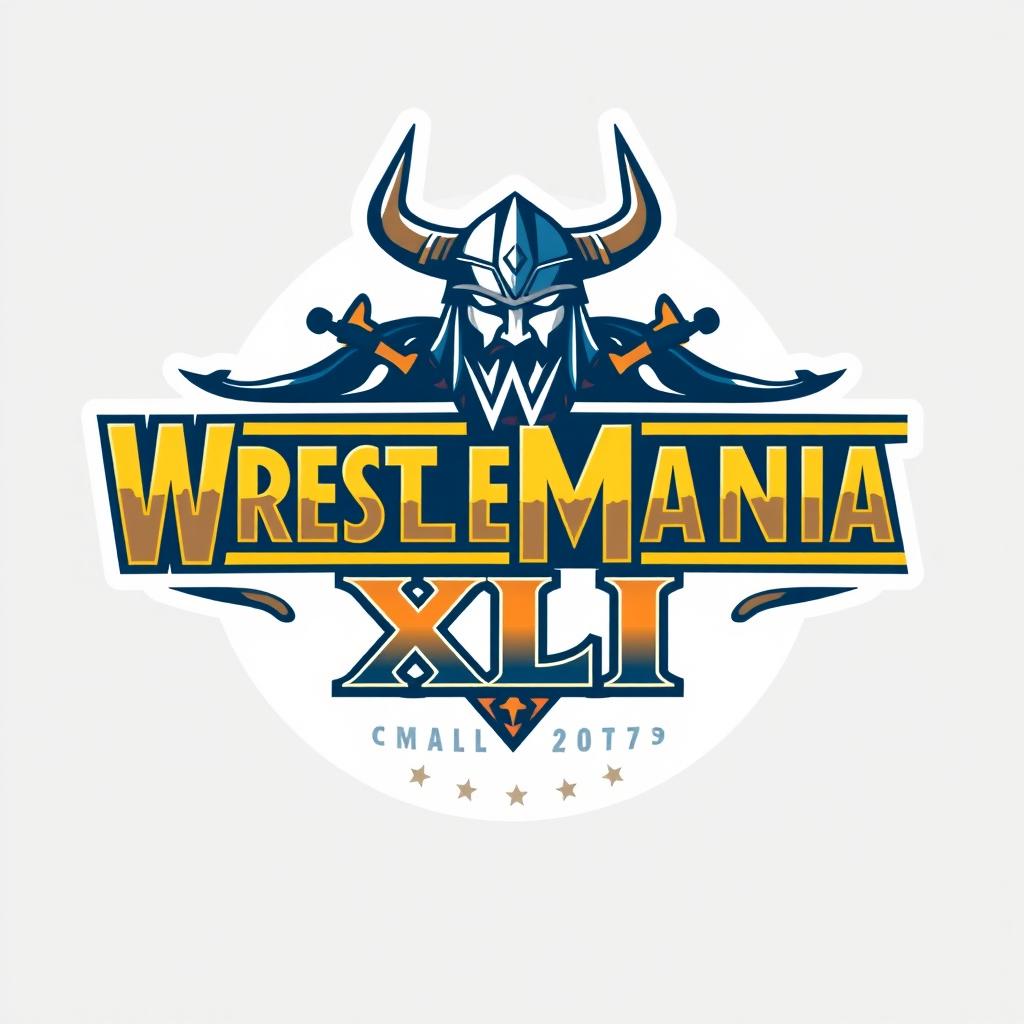 A logo design for WrestleMania XLI inspired by Viking aesthetics, showcasing bold and powerful typography intertwined with Viking motifs such as helmets, axes, and shields