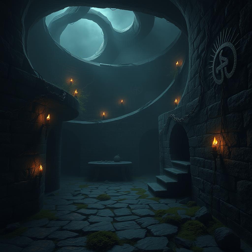 A dark labyrinthine background filled with twisting stone walls, eerie shadows, and intricate patterns
