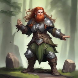 An imposing female dwarf druid, donned in heavy armor, commands wooden splinters and rocks to float and dance around her, creating a visually arresting demonstration of her manipulation of natural elements.