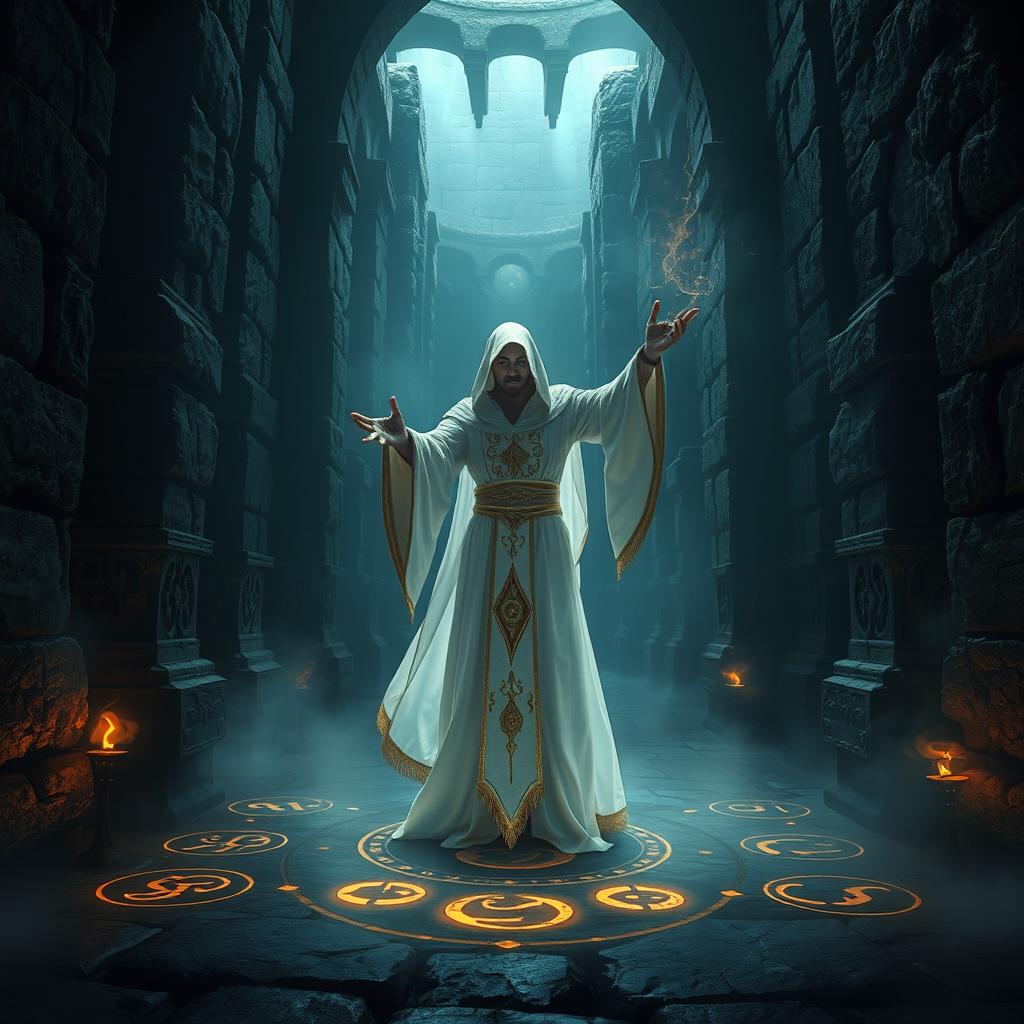A mystical dark labyrinth filled with towering stone walls and eerie shadows