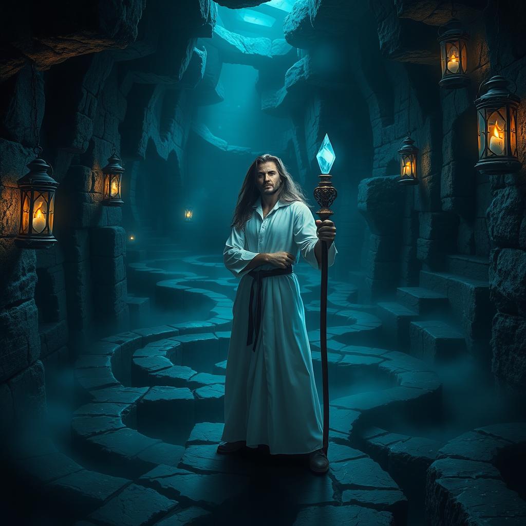 A mysterious and atmospheric scene depicting a dark labyrinth filled with intricate winding paths and shadowy corners