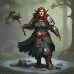 An imposing female dwarf druid, donned in heavy armor, commands wooden splinters and rocks to float and dance around her, creating a visually arresting demonstration of her manipulation of natural elements.