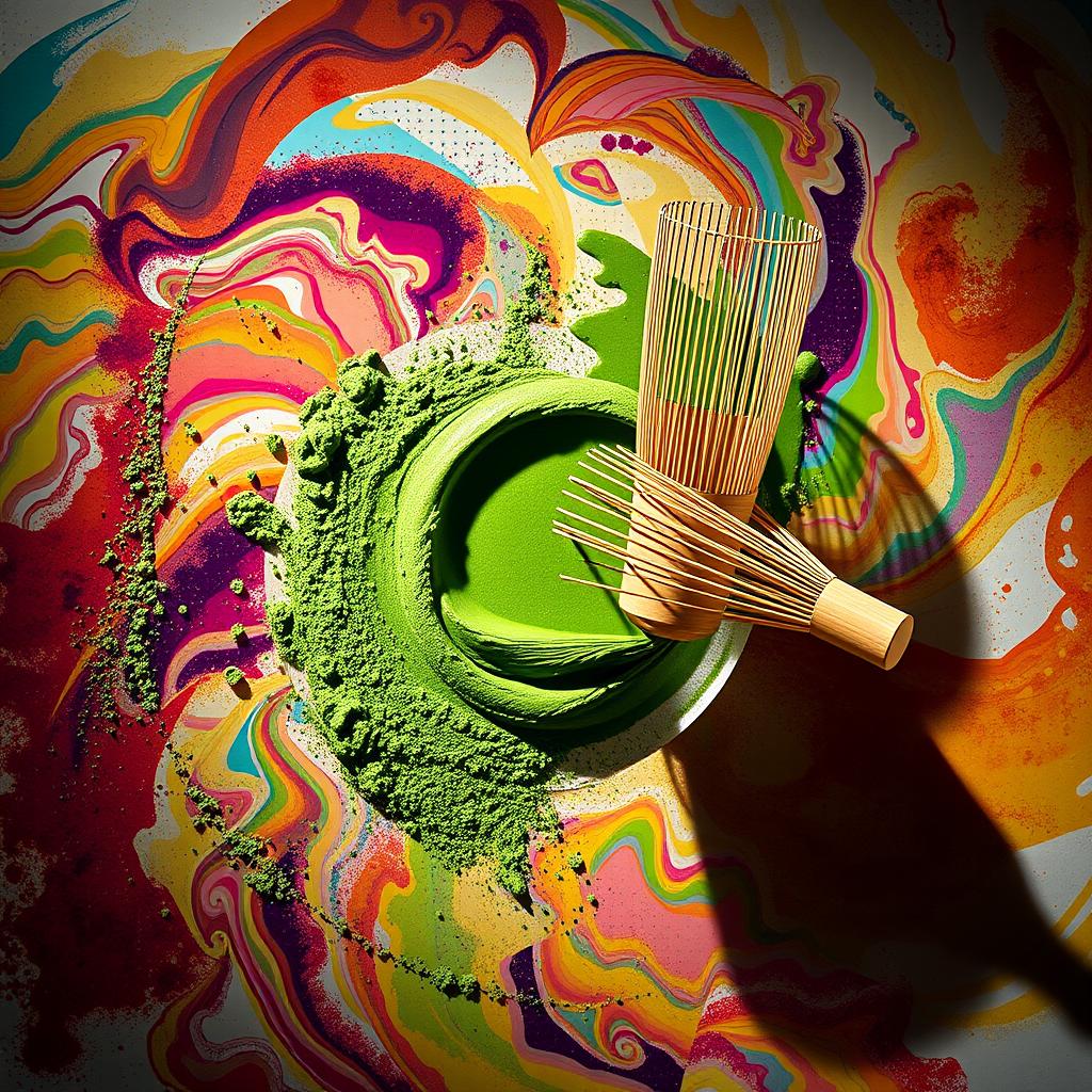 A beautifully designed matcha whisk, artistically displayed in a circular abstract composition