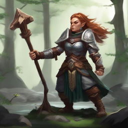 An imposing female dwarf druid, donned in heavy armor, commands wooden splinters and rocks to float and dance around her, creating a visually arresting demonstration of her manipulation of natural elements.