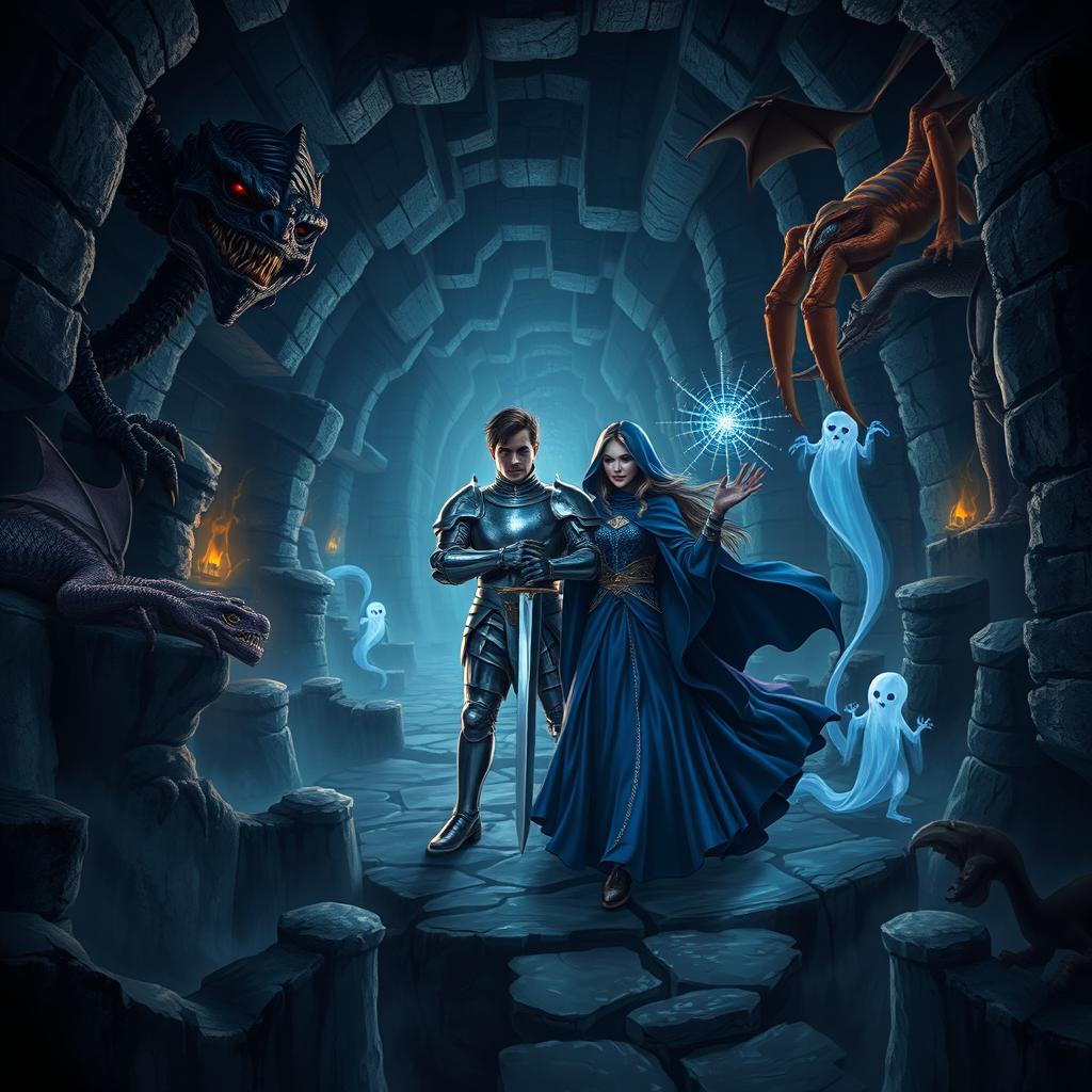 A dark labyrinth filled with twisting pathways and eerie shadows, in the center stands a brave knight clad in shining armor, gripping a sword with determination