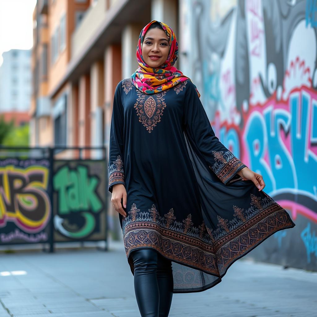A fashionable Muslim woman confidently wearing stylish leggings, paired with a long, flowing tunic that features intricate patterns