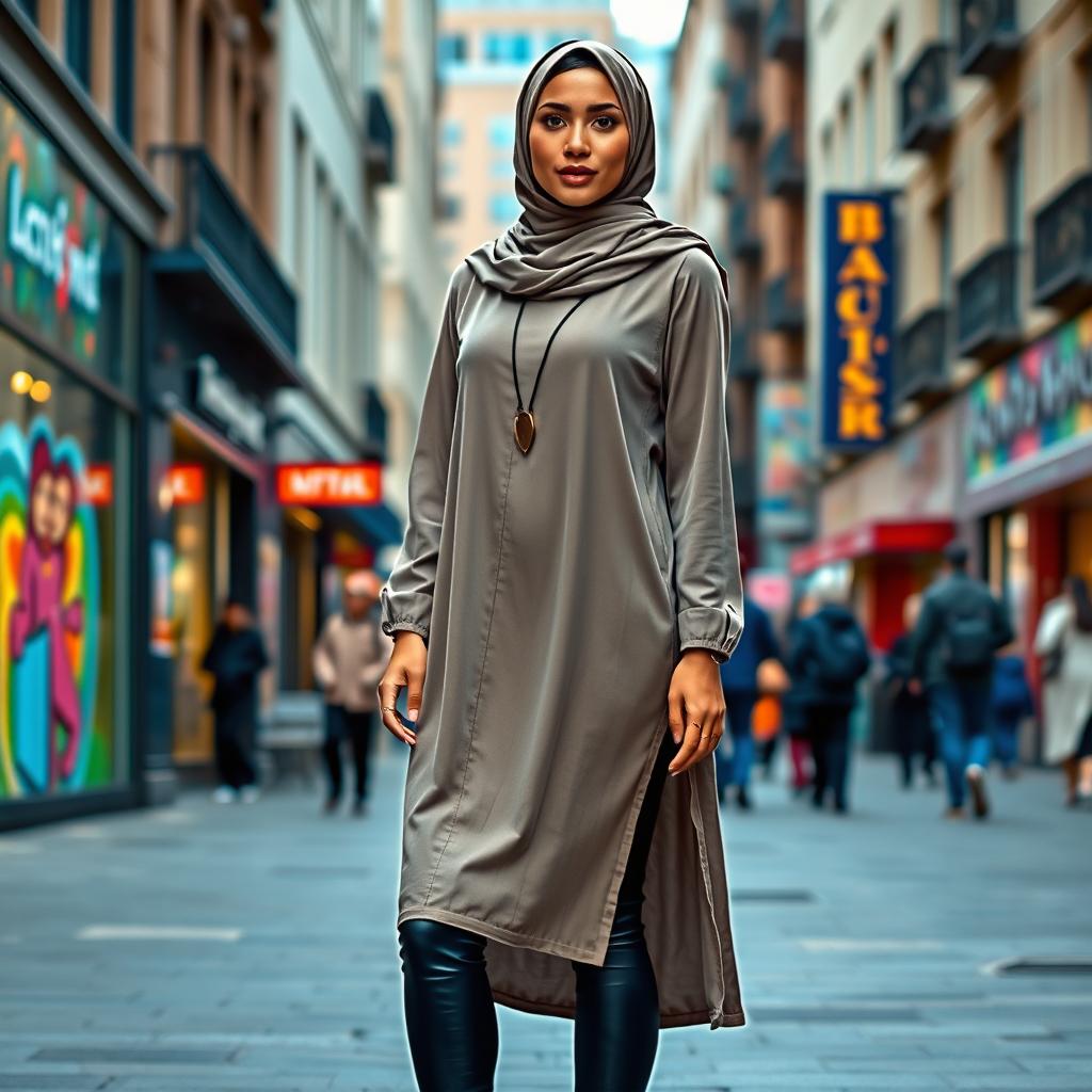 A realistic portrayal of a Muslim woman wearing stylish leggings and a long, modest tunic that complements her figure