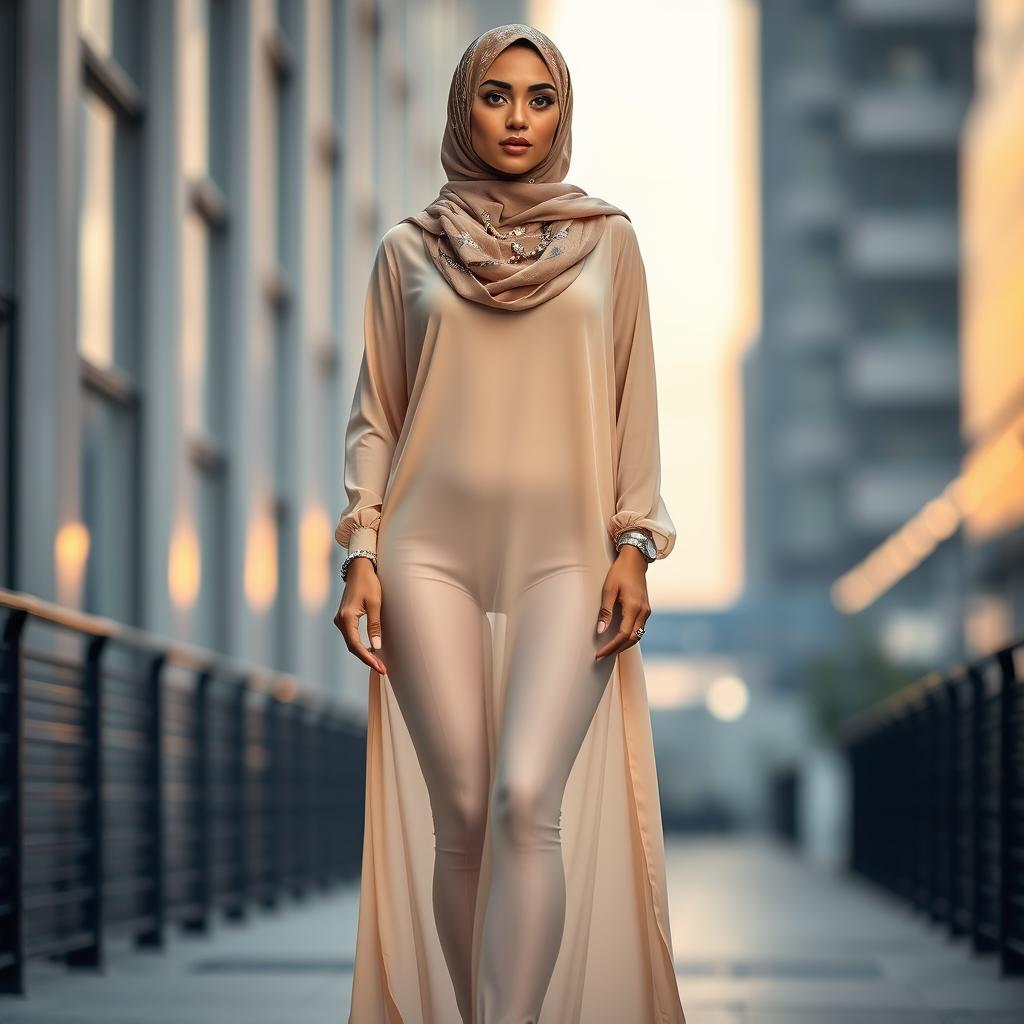 A realistic representation of a Muslim woman wearing transparent leggings that elegantly showcase her figure while being styled with a long, modest tunic that maintains her cultural aesthetic